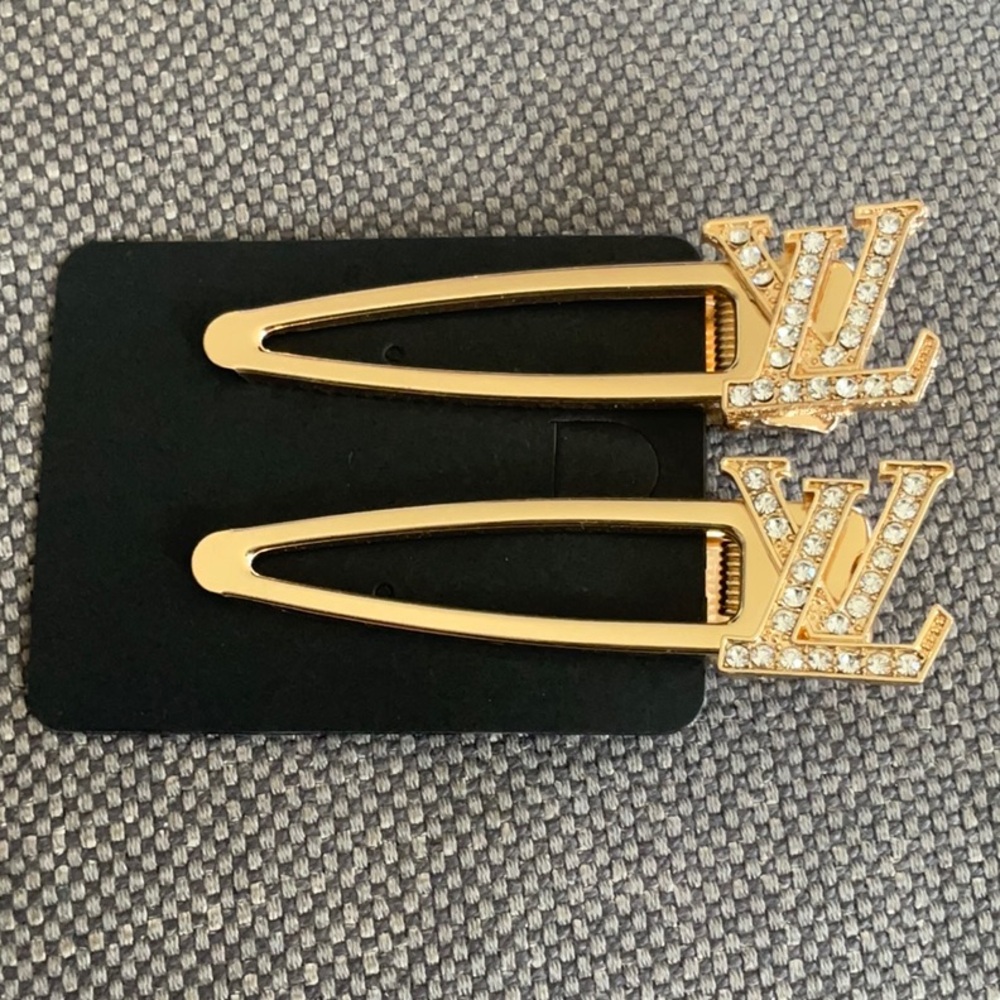 Gold LV YSL Designer Logo Bling Hair Clips